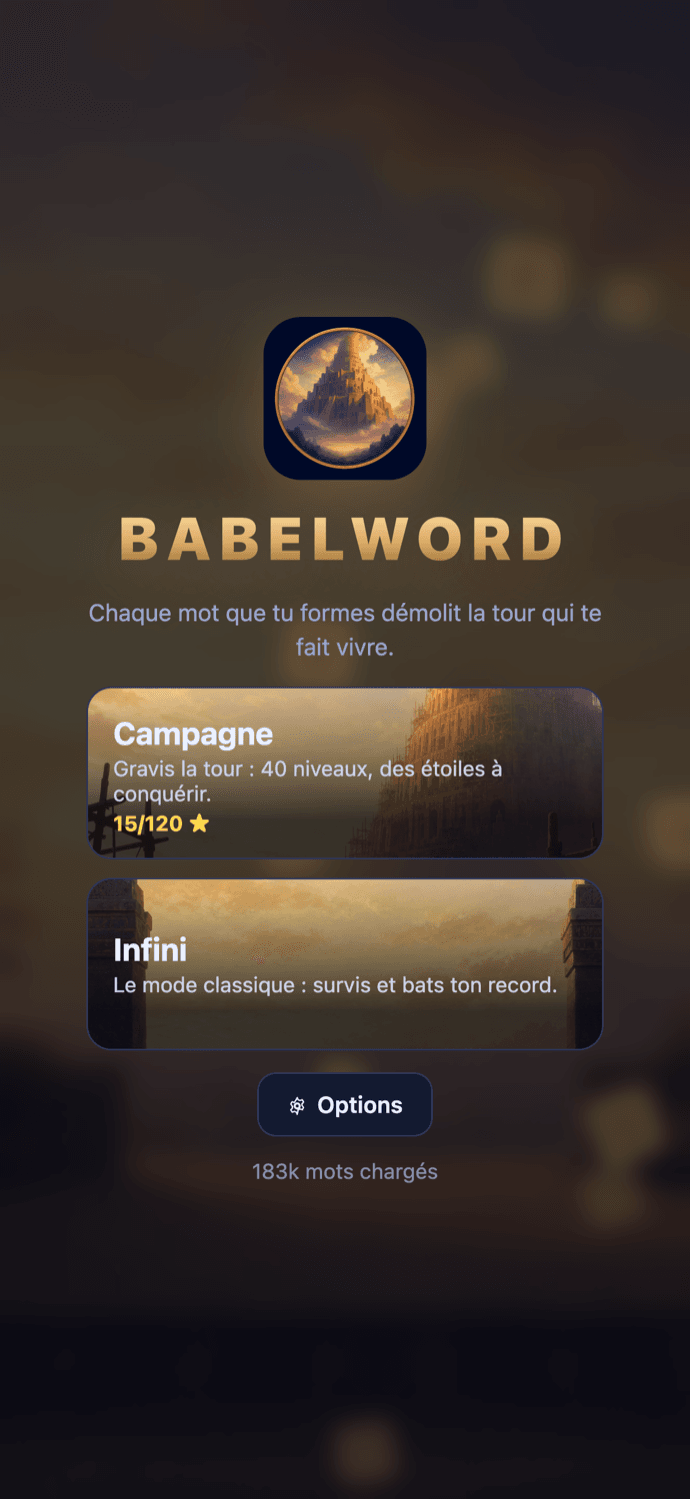 Écran d'accueil de BabelWord