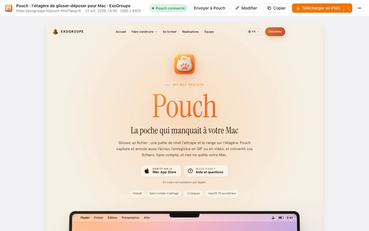 La page de capture de Pouch Full Page, avec une page web capturée en entier