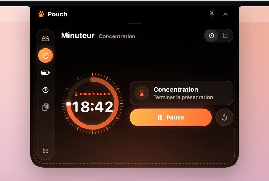 L'Island de Pouch sous l'encoche, avec le minuteur de concentration